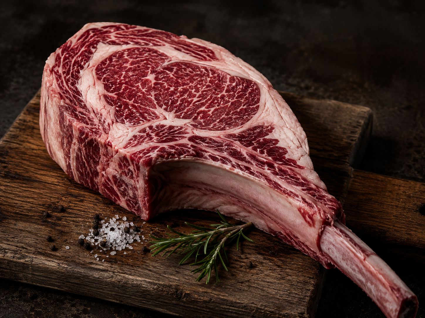 Ein dickes, marmoriertes Ribeye auf dunklem Stein