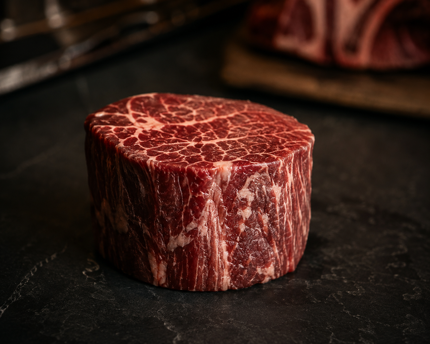 Ein dickes Premium-Filet auf dunklem Holz